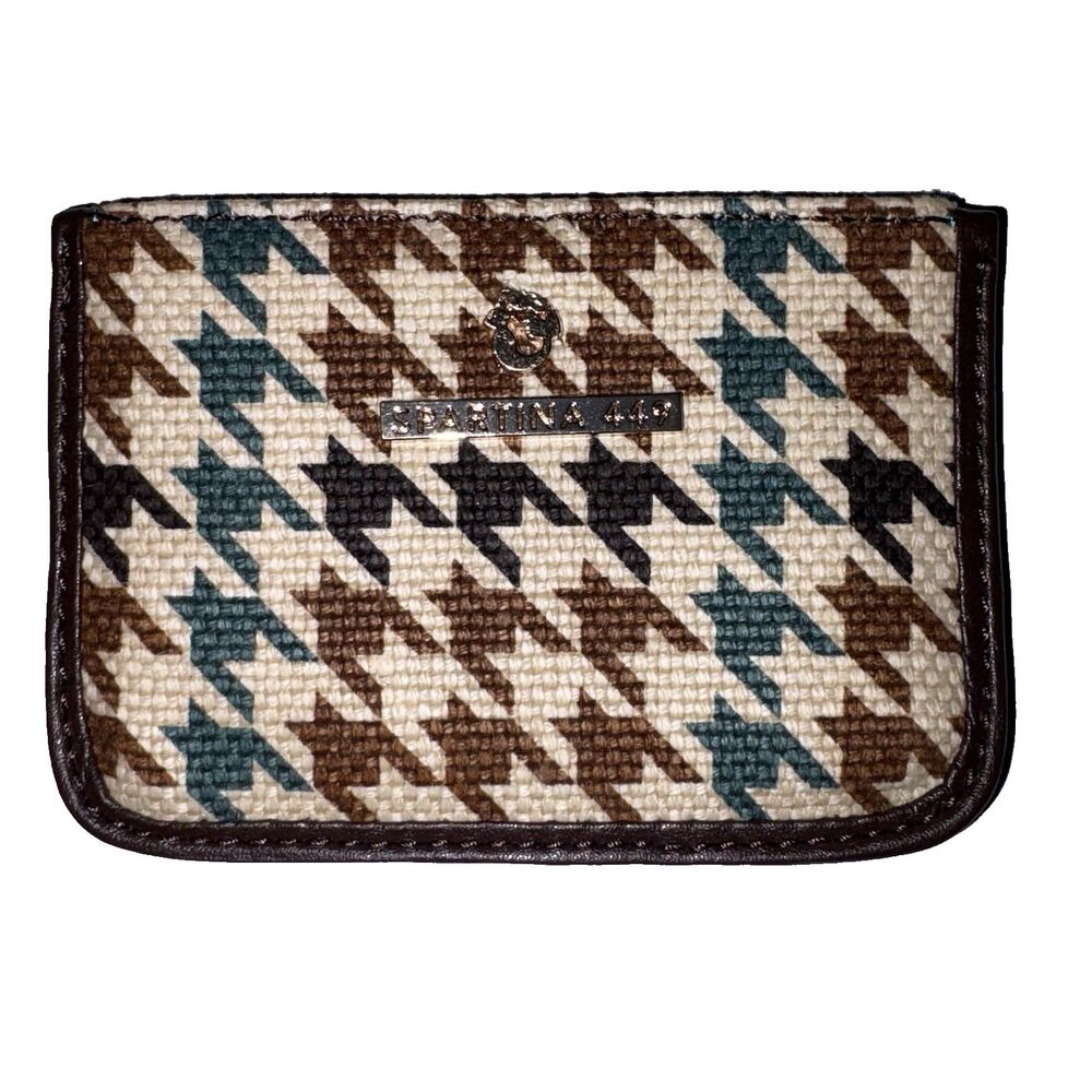 Spartina 449 Houndstooth Leather Slim Card Holder NEW Brown Teal Check